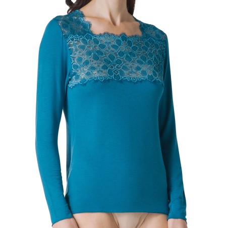 Maglia donna Tramonte manica lunga in modal e caldo Cashmere con inserto in pizzo