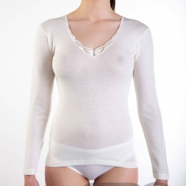 Maglia donna FDB manica lunga in caldo misto lana con profilo in pizzo macramè