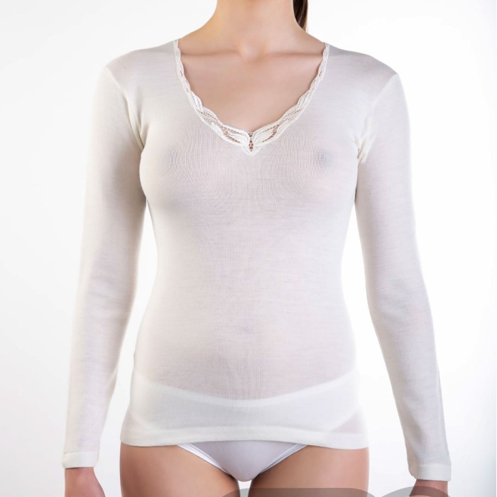 Maglia donna FDB manica lunga in caldo misto lana con profilo in pizzo macramè