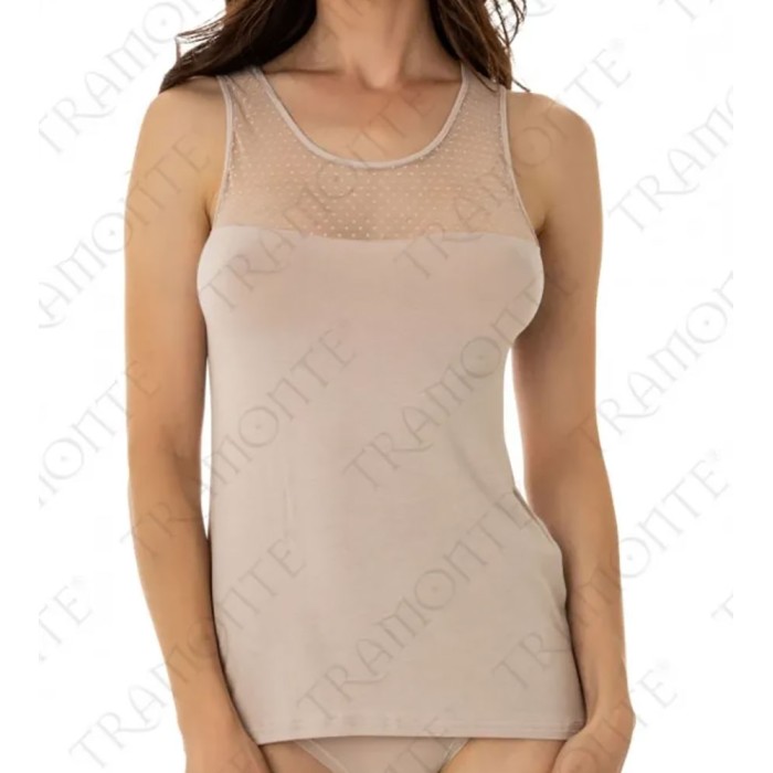 Canottiera donna Tramonte spalla larga in viscosa con inserto in tulle pois