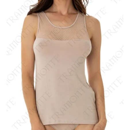 Canottiera donna Tramonte spalla larga in viscosa con inserto in tulle pois