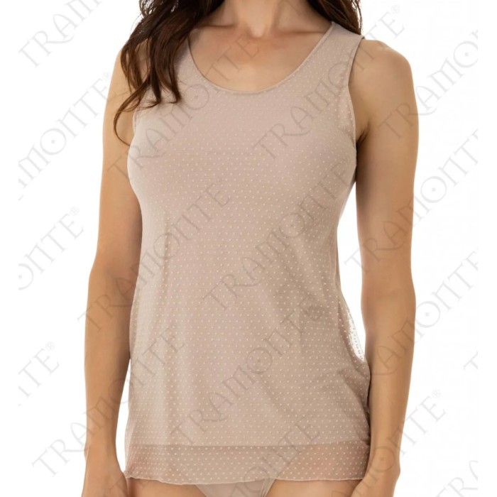 Canottiera top donna Tramonte spalla larga in morbida viscosa e tulle a pois