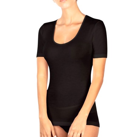 Maglia donna Egi a manica corta con scollo ampio in lana e seta con profili in raso