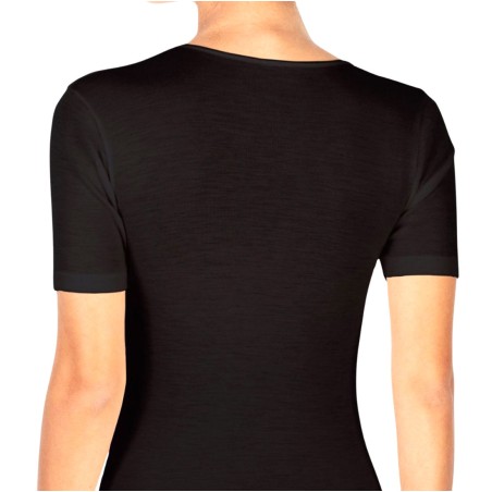 Maglia donna Egi a manica corta con scollo ampio in lana e seta con profili in raso