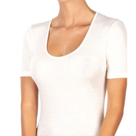 Maglia donna Egi a manica corta con scollo ampio in lana e seta con profili in raso 2