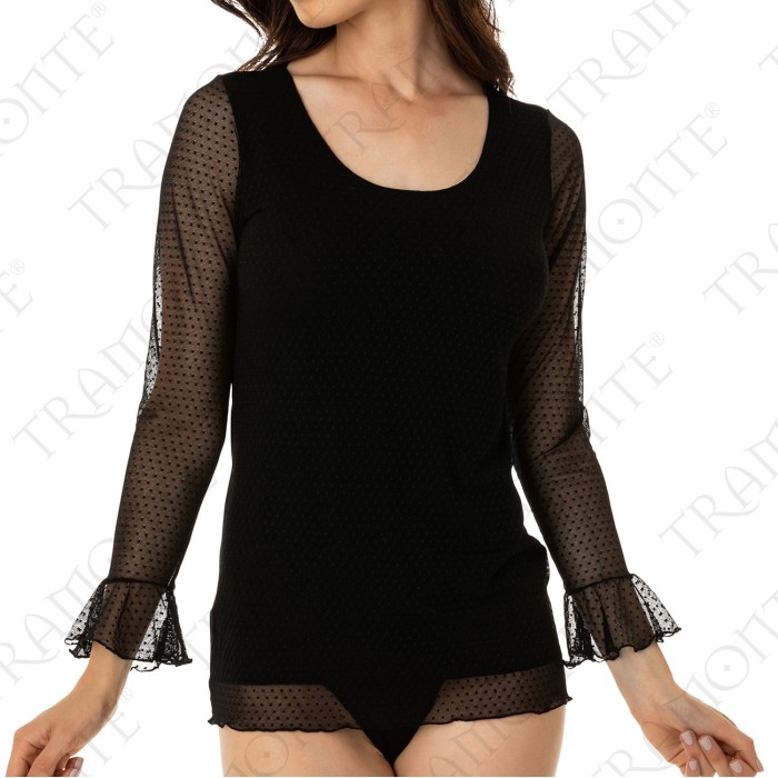 Maglia donna Tramonte manica lunga a girocollo in viscosa e tulle a pois