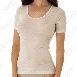 T-shirt donna Tramonte manica corta girocollo in calda lana seta con profilo in raso