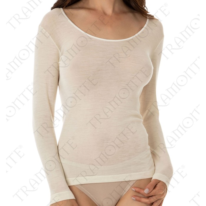 T-shirt donna Tramonte manica lunga girocollo in calda lana seta con profilo in raso