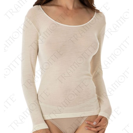 T-shirt donna Tramonte manica lunga girocollo in calda lana seta con profilo in raso