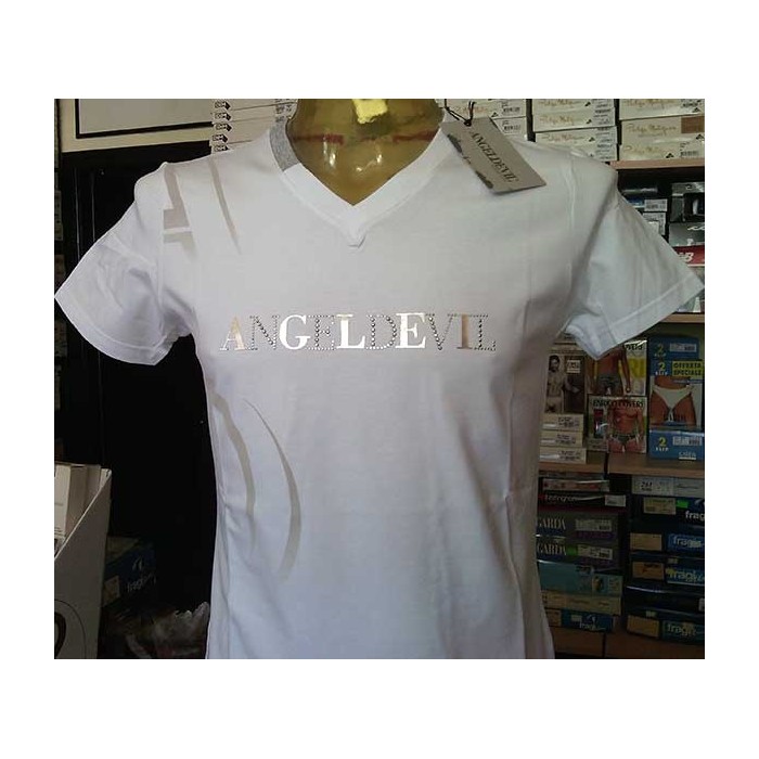 T-shirt uomo Angel Devil manica corta con scollo a V e logo con stampa e borchiette