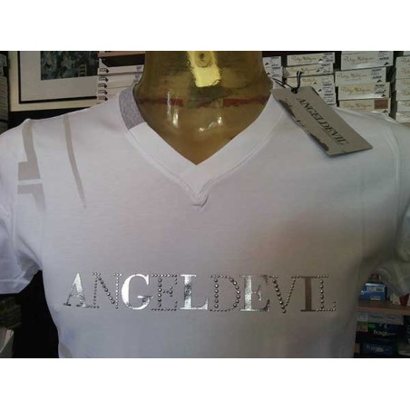 T-shirt uomo Angel Devil manica corta con scollo a V e logo con stampa e borchiette