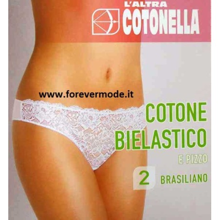 2 Slip brasiliane da donna Cotonella con cotone elasticizzato dietro e pizzo davanti