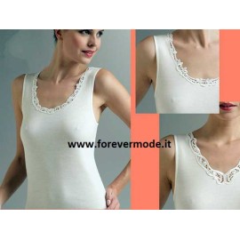 Canottiera donna Liabel a spalla larga in lana e cotone con pizzo macramè 2