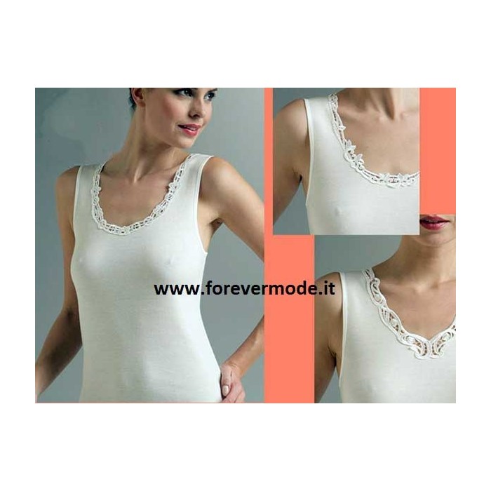 Canottiera donna Liabel a spalla larga in lana e cotone con pizzo macramè