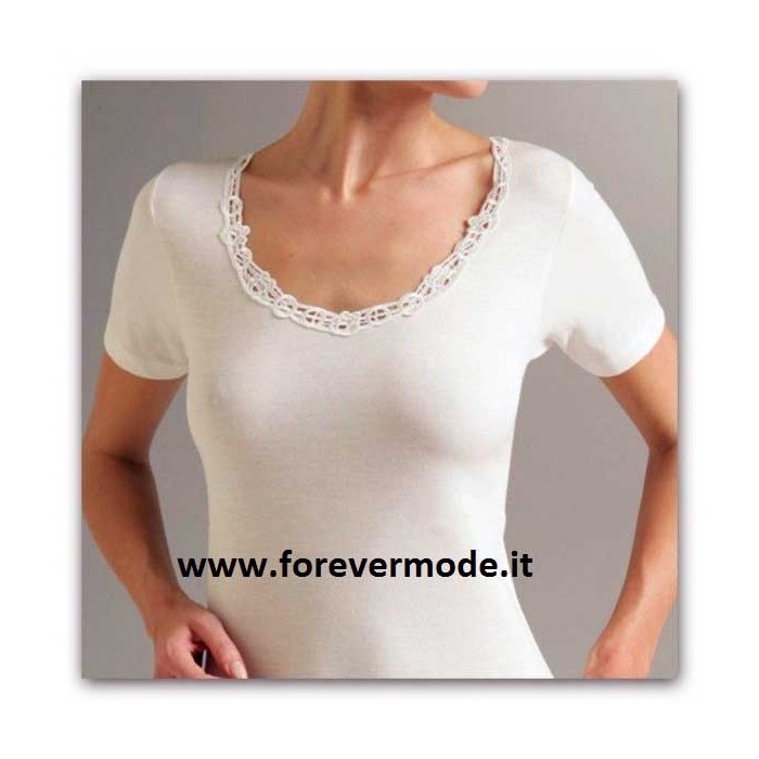 T-shirt donna Liabel mezza manica, lana cotone con pizzo macramè