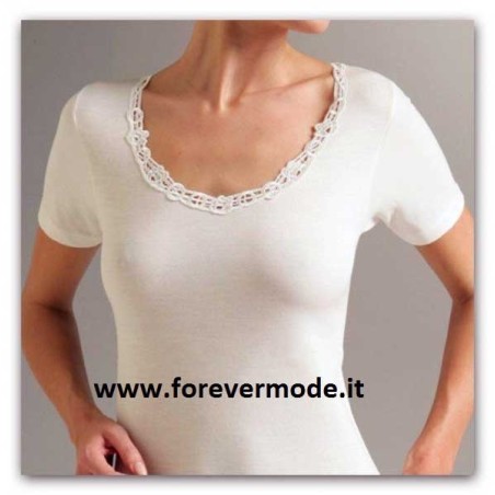 T-shirt donna Liabel mezza manica, lana cotone con pizzo macramè
