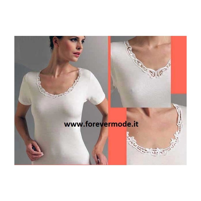 T-shirt donna Liabel mezza manica, lana cotone con pizzo macramè