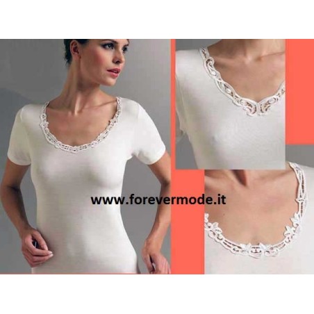 T-shirt donna Liabel mezza manica, lana cotone con pizzo macramè