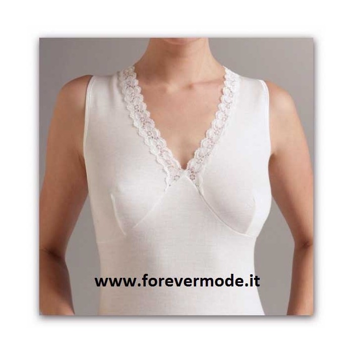 Canottiera donna Liabel a spalla larga in lana e cotone con forma seno e pizzo