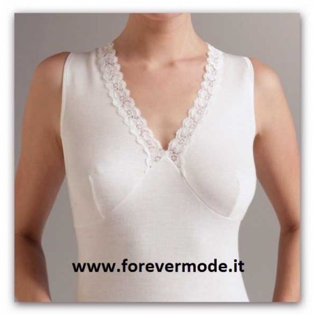 Canottiera donna Liabel a spalla larga in lana e cotone con forma seno e pizzo