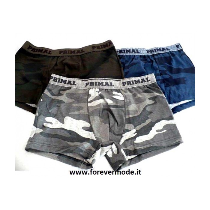 3 Boxer uomo Primal in cotone fantasia mimetica ed elastico logo