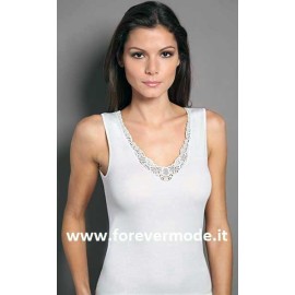 Canotta donna Moretta spalla larga in cotone con pizzo macramè