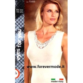 Canotta donna Moretta spalla larga in lana seta e pizzo macramè 2
