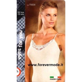 Canotta donna Moretta spalla fine in lana seta e pizzo macramè 2