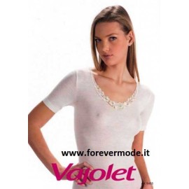 Maglia donna Vajolet manica corta in misto lana con bordo di pizzo macramè