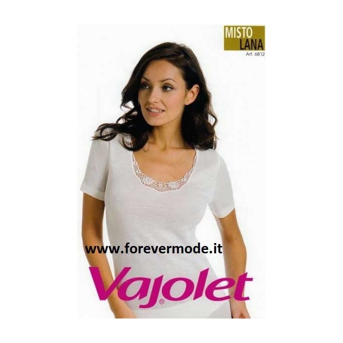 2 Maglie donna Vajolet manica corta in misto lana con bordo di pizzo macramè