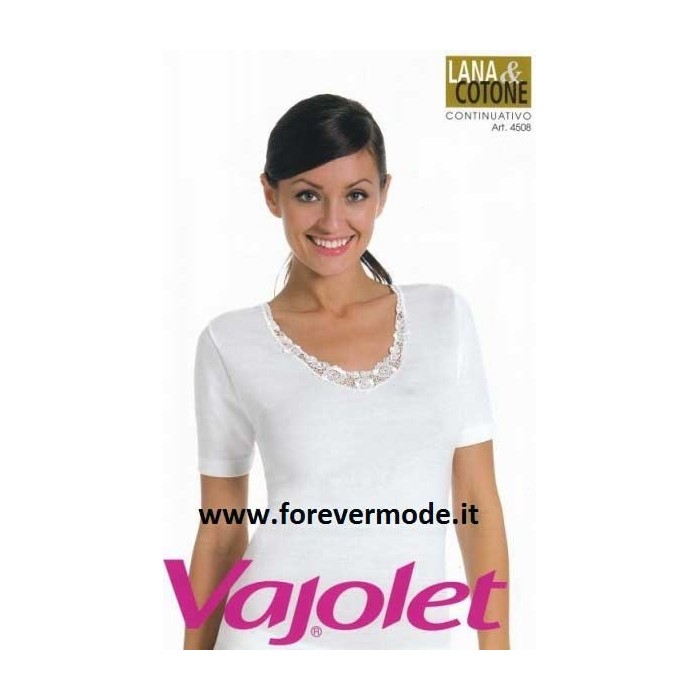 Maglia donna Vajolet manica corta in lana cotone con profilo pizzo macramè