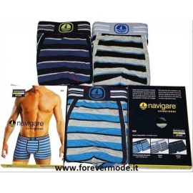 3 Boxer uomo Navigare in cotone rigato, elastico esterno logato