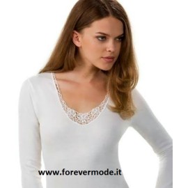 Maglia donna Antonella lana cotone con profilo in pizzo macramè