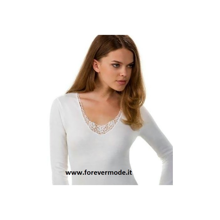 Maglia donna Antonella lana cotone con profilo in pizzo macramè