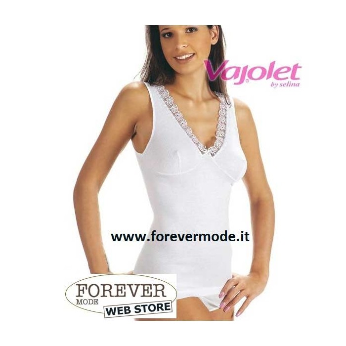 Canottiera donna Vajolet a spalla larga in cotone costina con forma del seno e pizzo