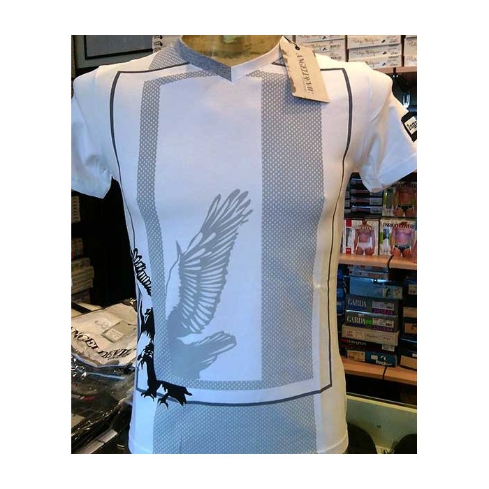 T-shirt uomo Angel Devil manica corta scollo V in cotone con stampa rete e aquila