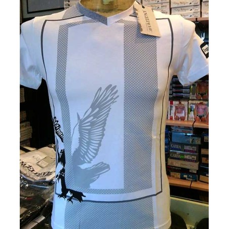 T-shirt uomo Angel Devil manica corta scollo V in cotone con stampa rete e aquila