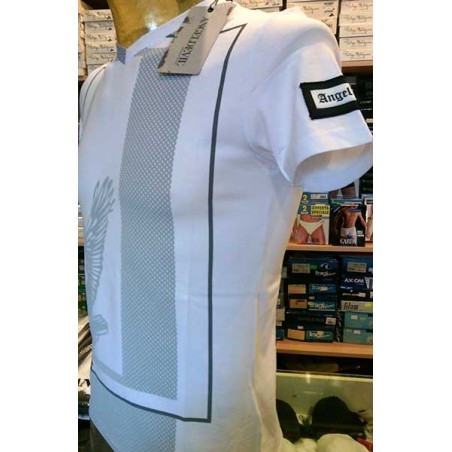 T-shirt uomo Angel Devil manica corta scollo V in cotone con stampa rete e aquila