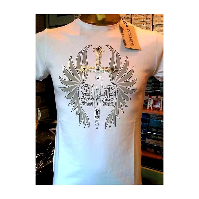 T-shirt uomo Angel Devil manica corta a girocollo in cotone con stampa logo e borchie