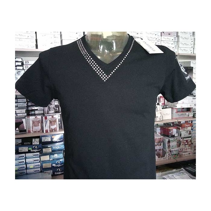 T-shirt uomo Angel Devil manica corta con scollo V borchiato e logo cucito in cotone