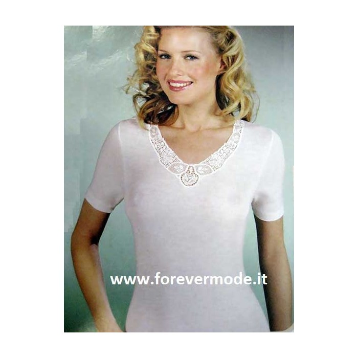 T-shirt donna Gicipi a manica corta in caldo misto lana con pizzo macramè
