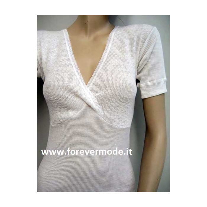 T-shirt donna Gicipi a manica corta a costina in misto lana con forma del seno