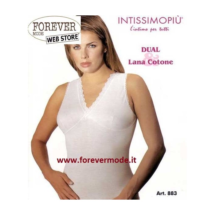 3 Canottiere donna Intissimopiu spalla larga in lana e cotone con forma del seno e pizzo