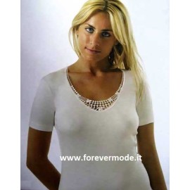 3 Maglie donna Intissimopiu manica corta in lana e cotone con profilo pizzo