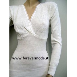 T-shirt donna Gicipi manica lunga in misto lana pesante a costina con forma del seno 2
