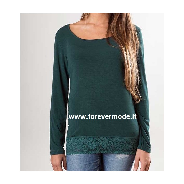 Maximaglia donna C&C manica lunga in microfibra con balza pizzo