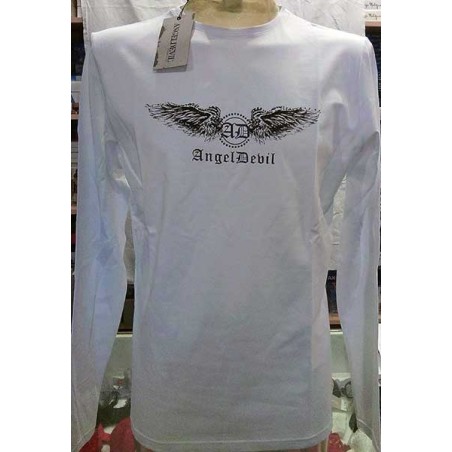 T-shirt uomo Angel Devil manica lunga a girocollo in cotone con stampa e borchie