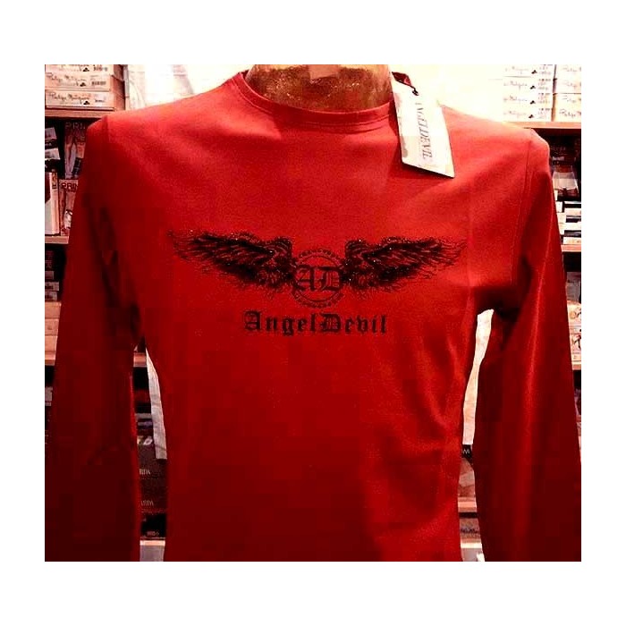 T-shirt uomo Angel Devil manica lunga a girocollo in cotone con stampa e borchie