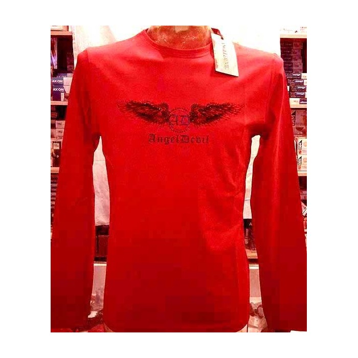 T-shirt uomo Angel Devil manica lunga a girocollo in cotone con stampa e borchie