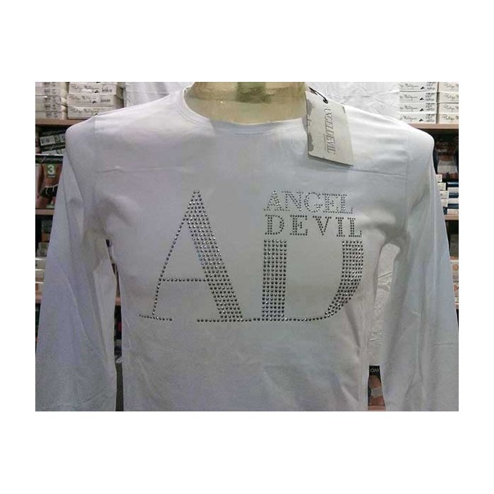 T-shirt uomo Angel Devil manica lunga a girocollo in cotone con logo di borchiette
